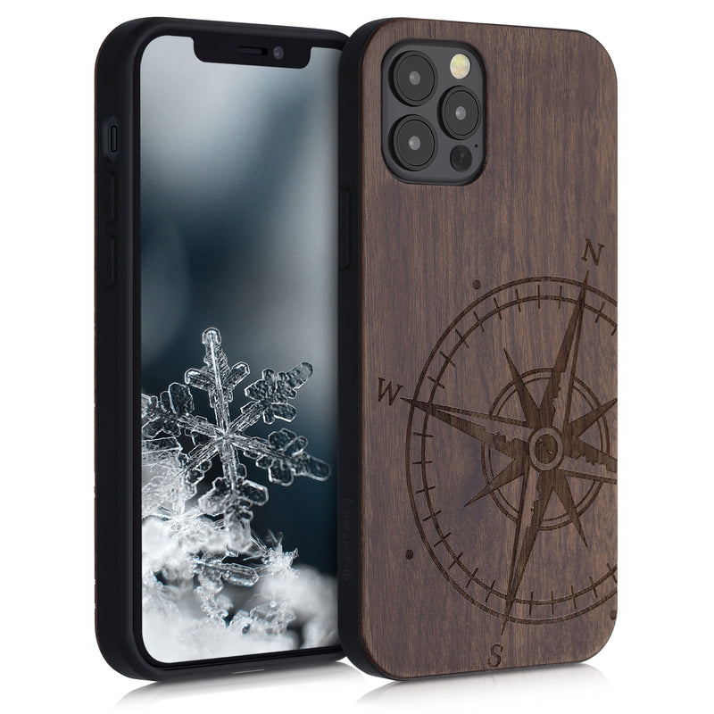 iPhone 12 / iPhone 12 Pro stoßfestes Holz Hardcase mit TPU Bumper Kompass