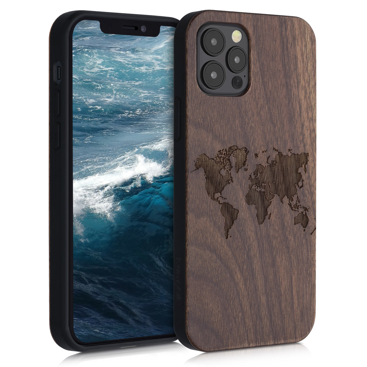 iPhone 12 / iPhone 12 Pro stoßfestes Holz Hardcase mit TPU Bumper Kompass