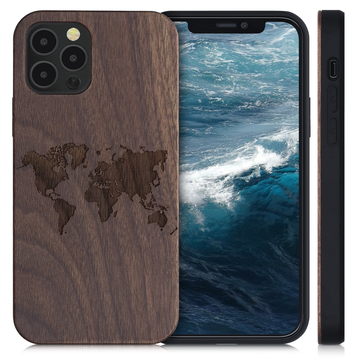 iPhone 12 / iPhone 12 Pro stoßfestes Holz Hardcase mit TPU Bumper Kompass