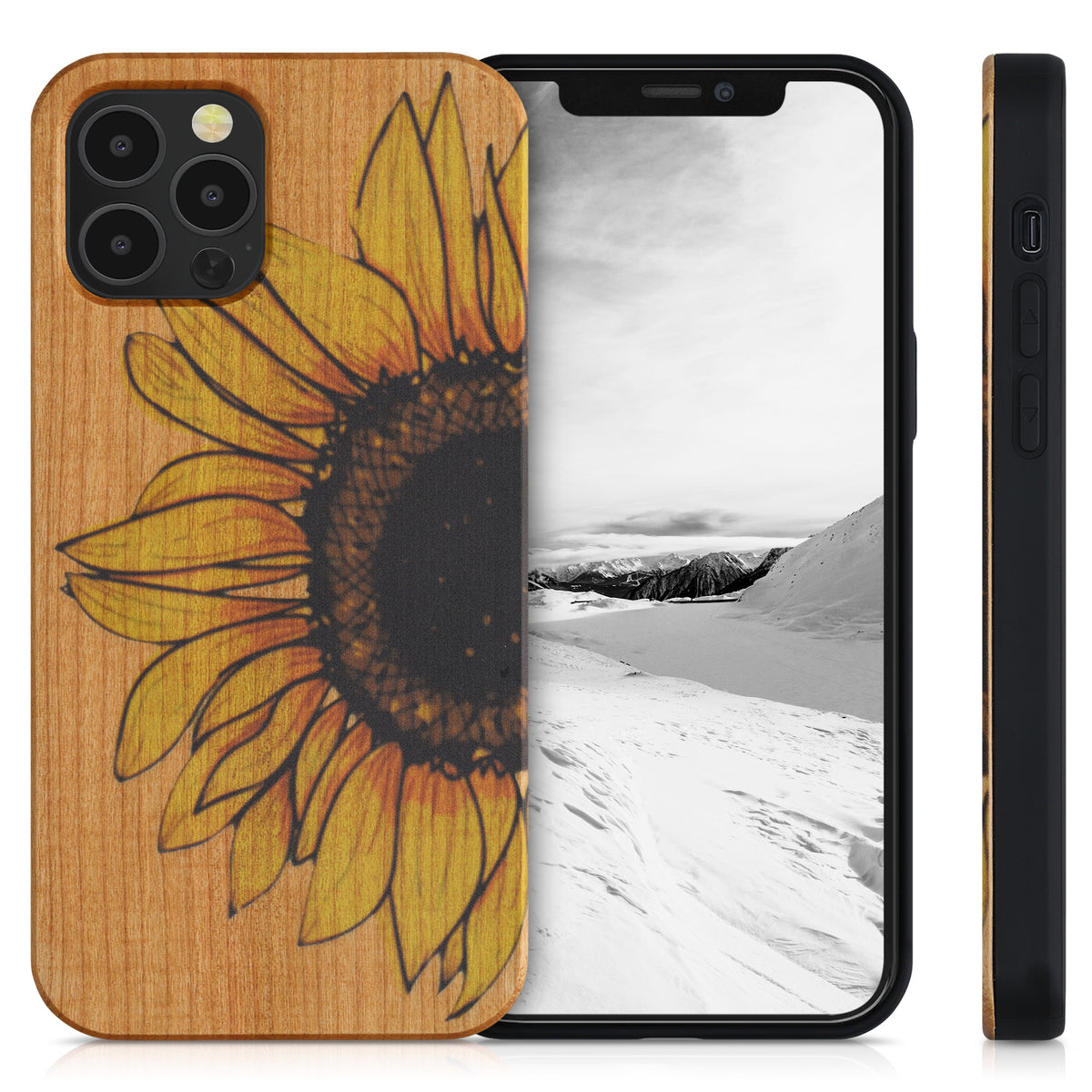 iPhone 12 / iPhone 12 Pro stoßfestes Holz Hardcase mit TPU Bumper Kompass