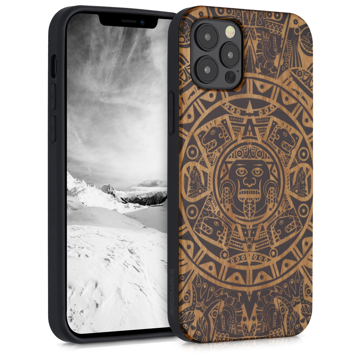 iPhone 12 / iPhone 12 Pro stoßfestes Holz Hardcase mit TPU Bumper Kompass