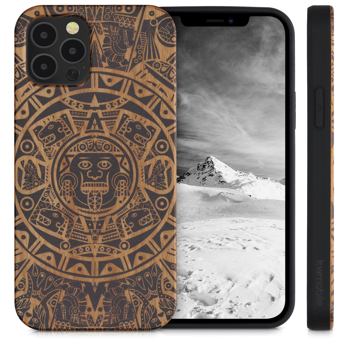 iPhone 12 / iPhone 12 Pro stoßfestes Holz Hardcase mit TPU Bumper Kompass