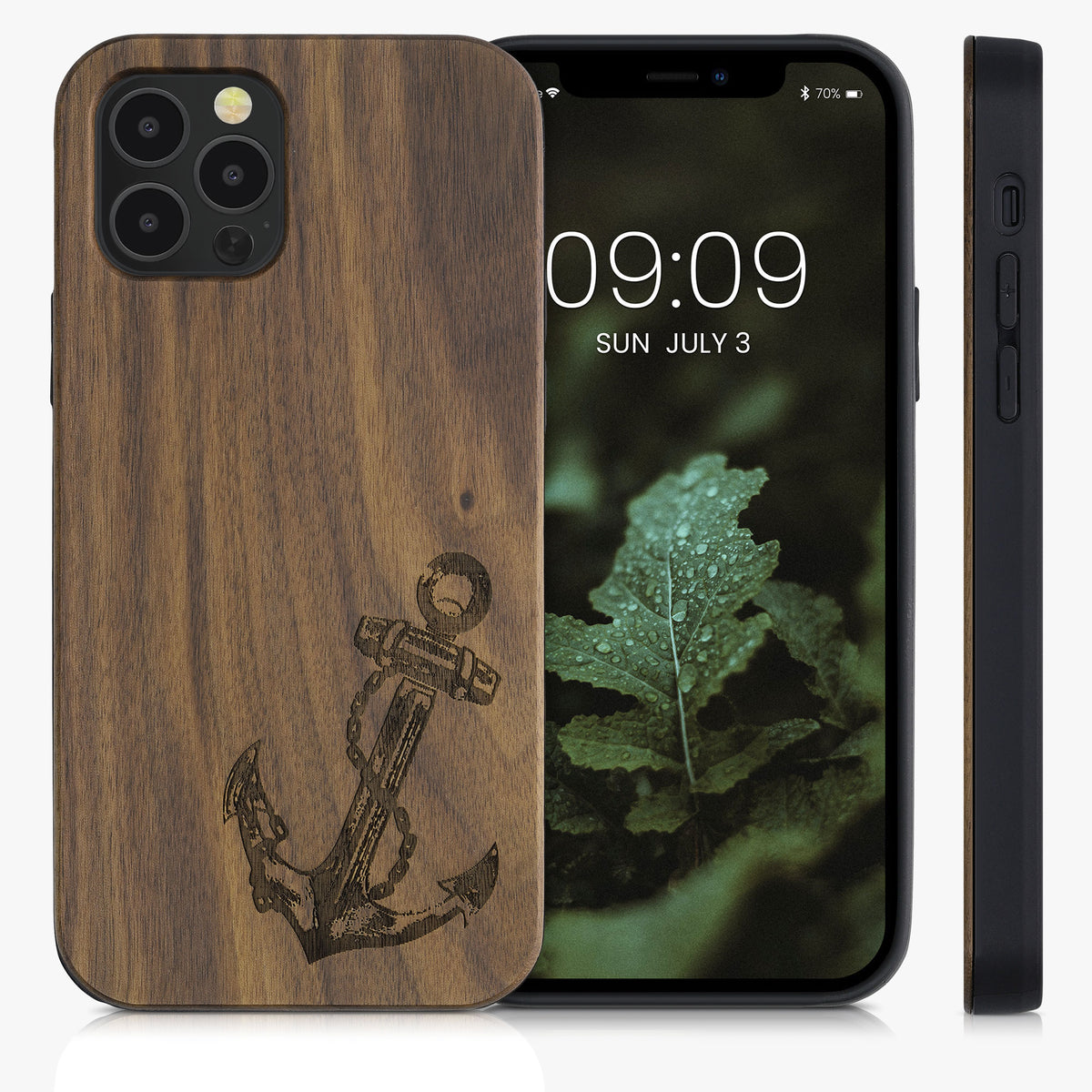 iPhone 12 / iPhone 12 Pro stoßfestes Holz Hardcase mit TPU Bumper Kompass
