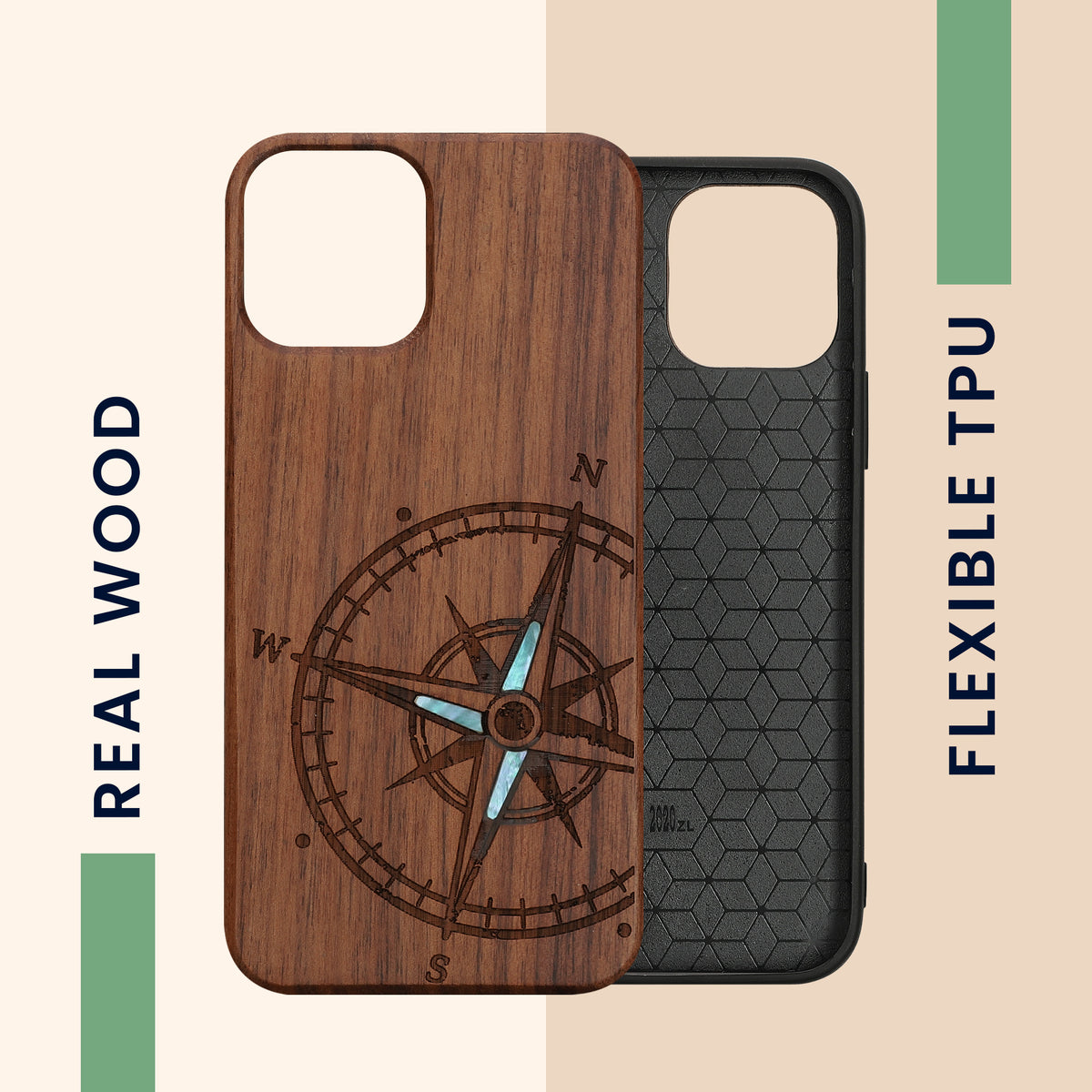 iPhone 12 / iPhone 12 Pro stoßfestes Holz Hardcase mit TPU Bumper Kompass