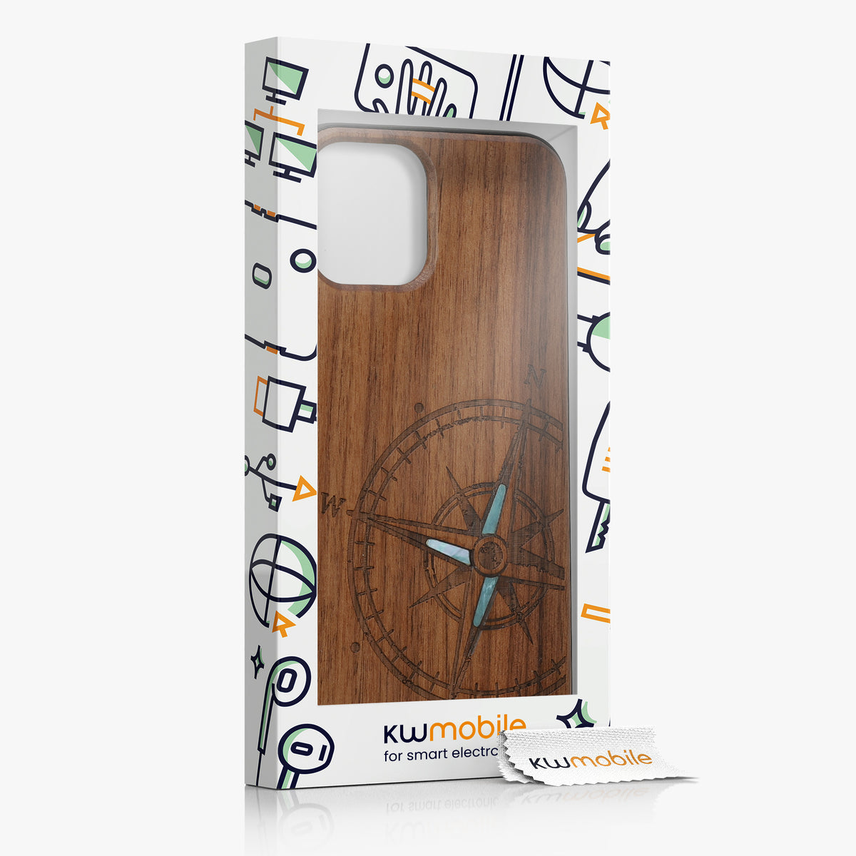 iPhone 12 / iPhone 12 Pro stoßfestes Holz Hardcase mit TPU Bumper Kompass
