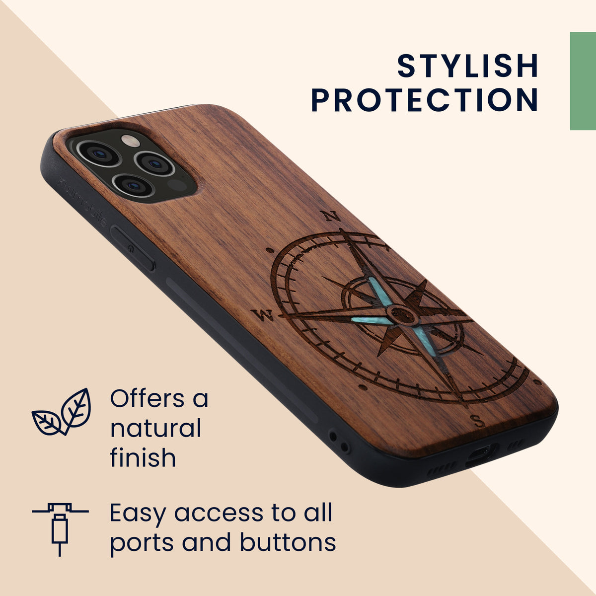 iPhone 12 / iPhone 12 Pro stoßfestes Holz Hardcase mit TPU Bumper Kompass