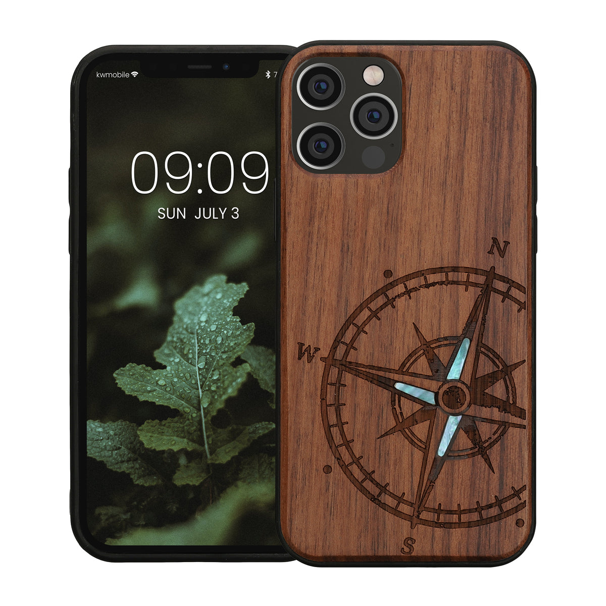 iPhone 12 / iPhone 12 Pro stoßfestes Holz Hardcase mit TPU Bumper Kompass