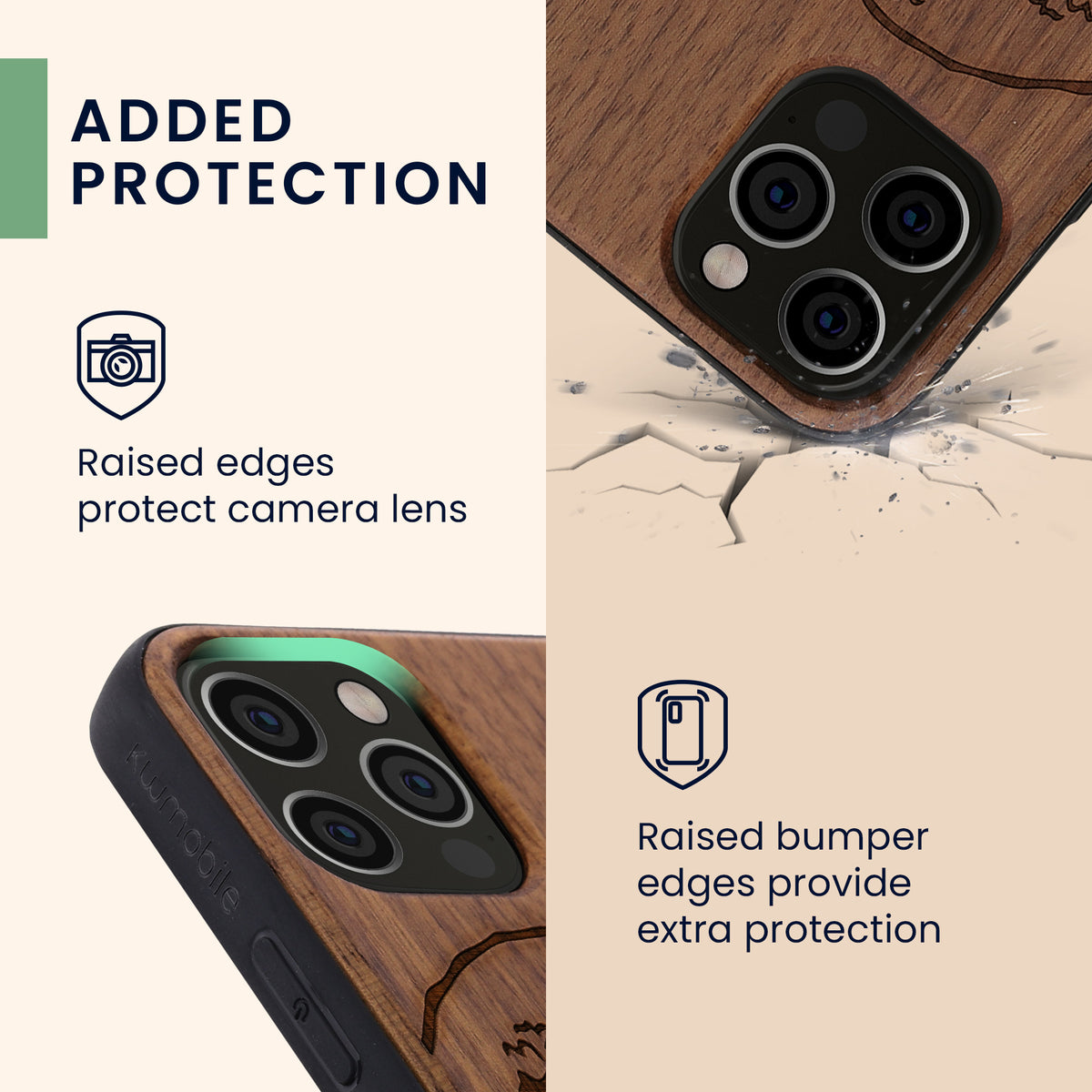 iPhone 12 / iPhone 12 Pro stoßfestes Holz Hardcase mit TPU Bumper Kompass