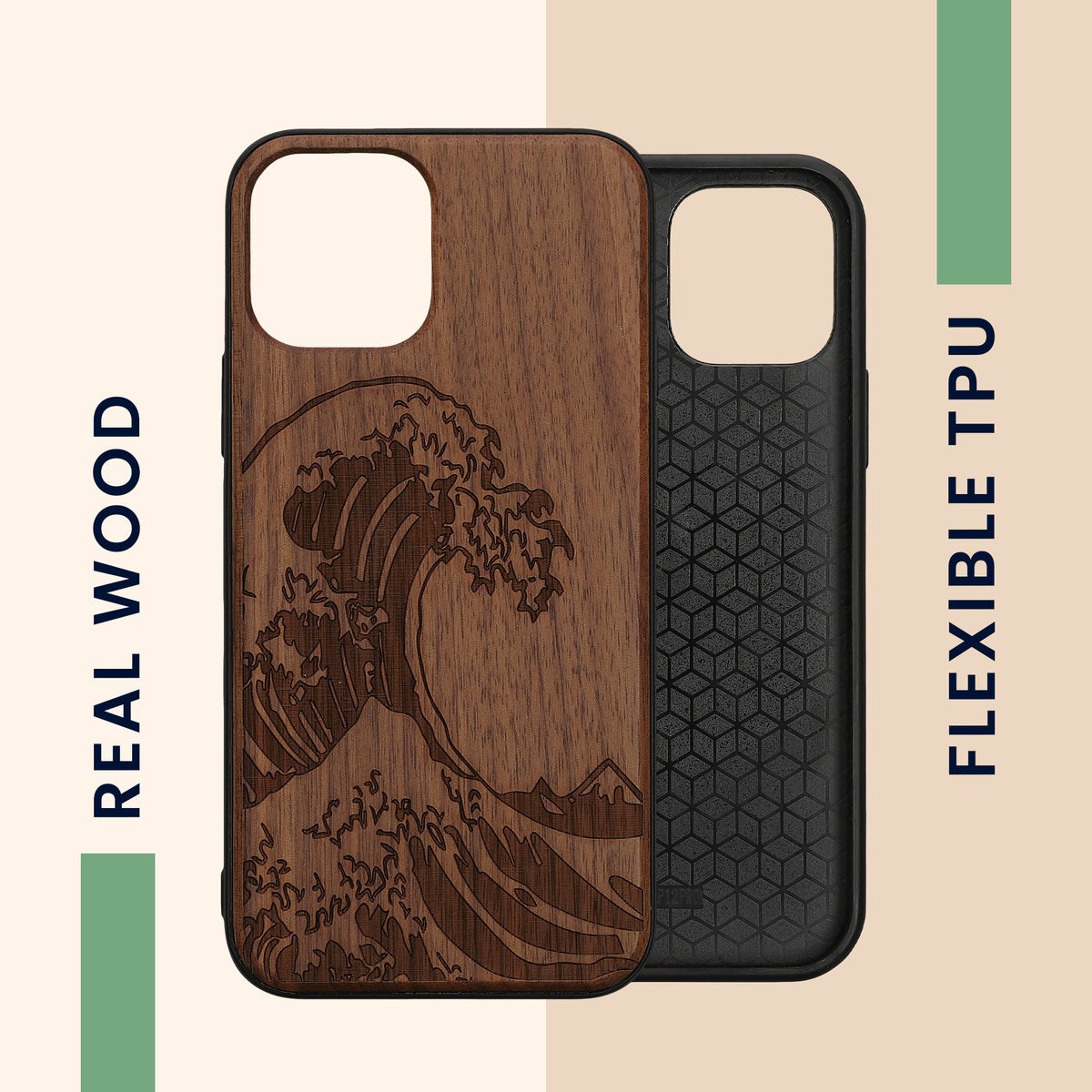 iPhone 12 / iPhone 12 Pro stoßfestes Holz Hardcase mit TPU Bumper Kompass