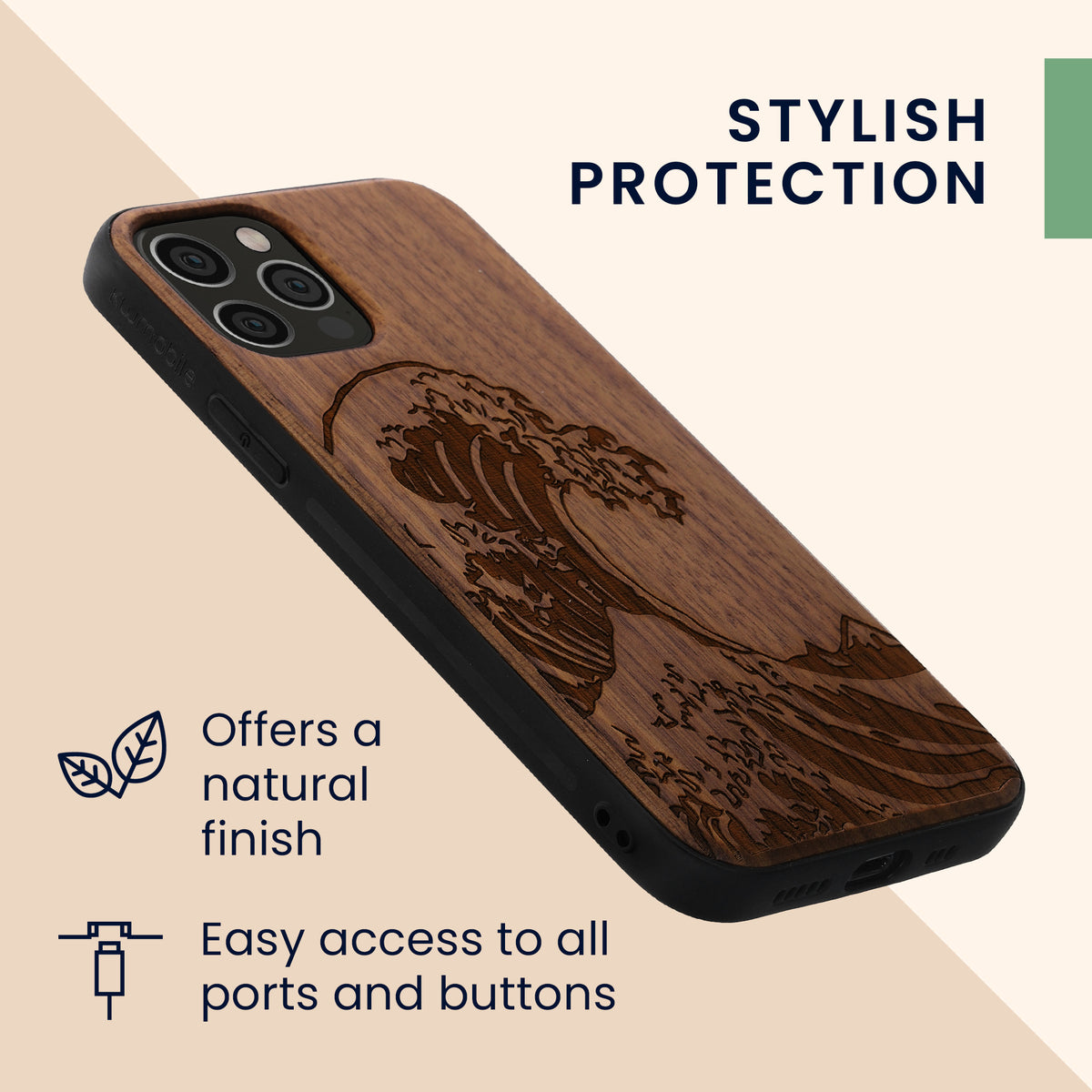iPhone 12 / iPhone 12 Pro stoßfestes Holz Hardcase mit TPU Bumper Kompass