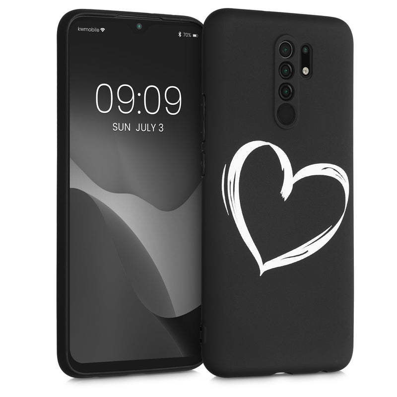 kwmobile Hülle kompatibel mit Xiaomi Redmi 9 - Handyhülle Silikon Case - Herz Brush Weiß Schwarz Weiß  [dsg03]