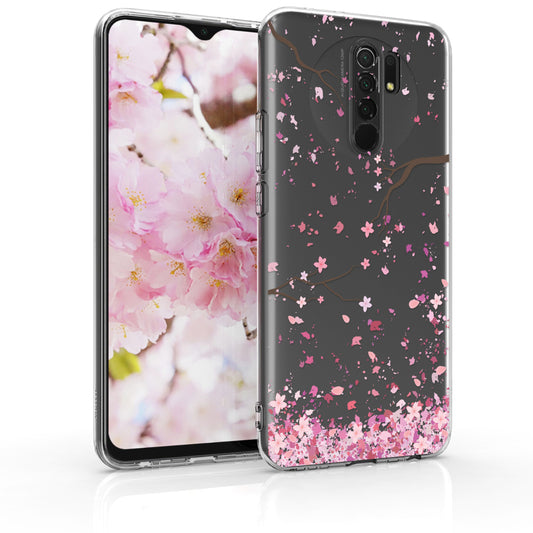 kwmobile Case kompatibel mit Xiaomi Redmi 9 - Hülle Silikon transparent Kirschblütenblätter Rosa Dunkelbraun Transparent Rosa  [dsg01]