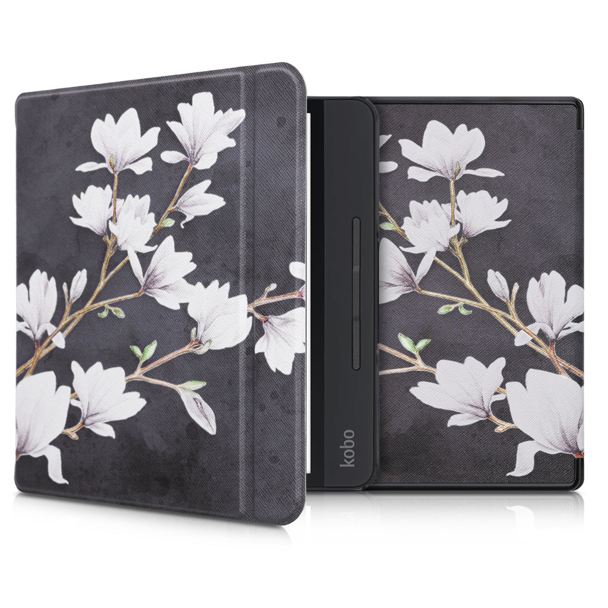 kwmobile Schutzhülle für Kobo Forma Hülle - eReader Flip Case mit Auto Sleep Funktion - Magnolien mit Taupe Weiß Dunkelgrau Taupe  [dsg02]