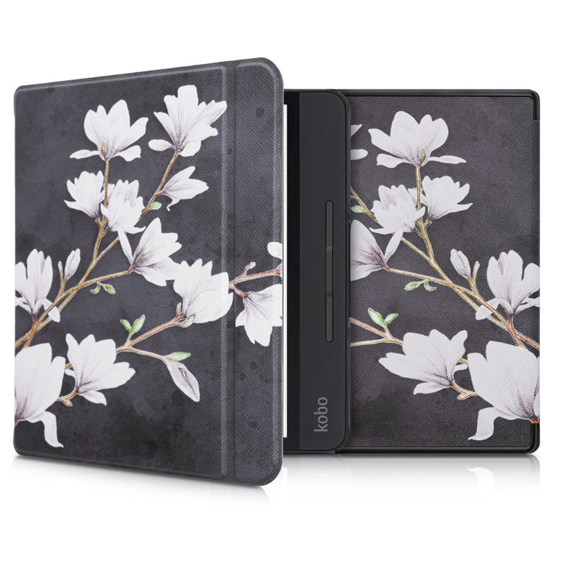 kwmobile Schutzhülle für Kobo Forma Hülle - eReader Flip Case mit Auto Sleep Funktion - Magnolien mit Taupe Weiß Dunkelgrau Taupe  [dsg02]