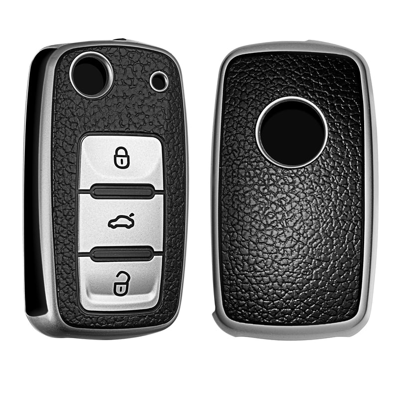 VW Skoda Seat 3-Tasten Autoschlüssel TPU Schlüsselhülle Lederoptik Schwarz Silber
