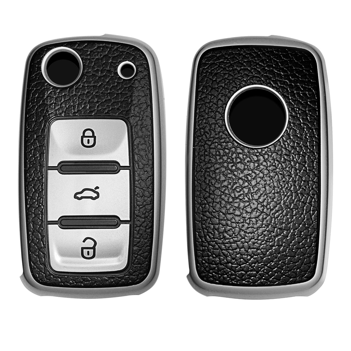 VW Skoda Seat 3-Tasten Autoschlüssel TPU Schlüsselhülle Lederoptik Schwarz Silber