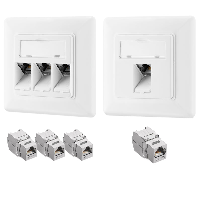 kwmobile Keystone Dose Modul Set - 2x Keystone Modul 2x Netzwerkdose 1-Port CAT 6A Kabel - 10Gibt/s geschirmt RJ45