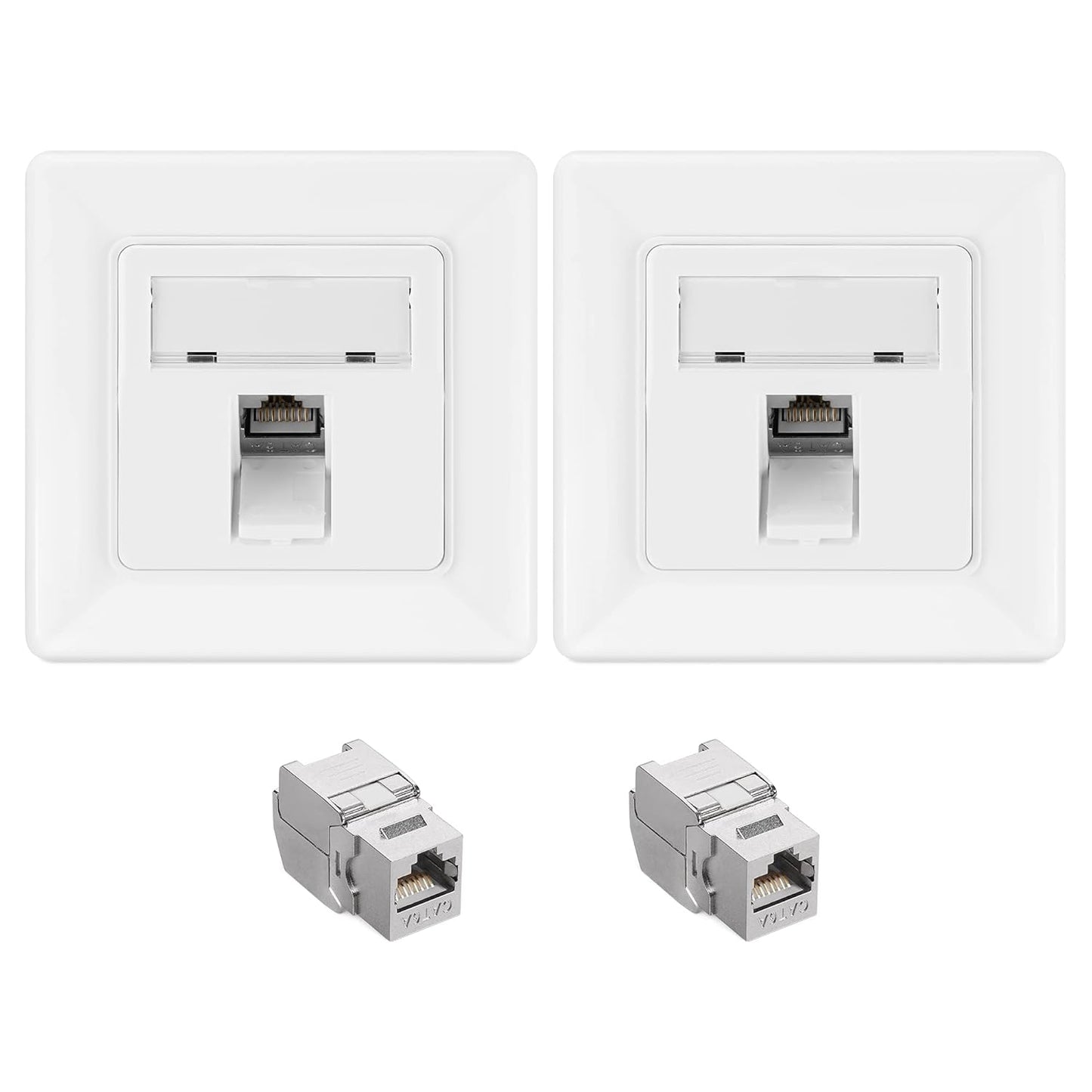 kwmobile Keystone Dose Modul Set - 2x Keystone Modul 2x Netzwerkdose 1-Port CAT 6A Kabel - 10Gibt/s geschirmt Metall Gehäuse RJ45 Schnappverschluss Silber  [dsg01]