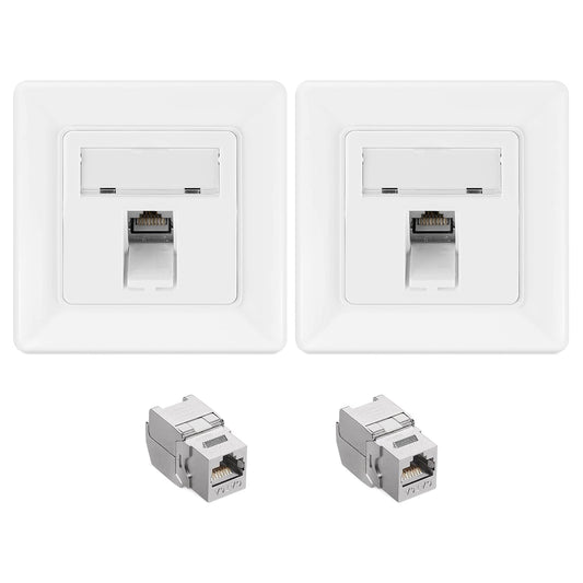 kwmobile Keystone Dose Modul Set - 2x Keystone Modul 2x Netzwerkdose 1-Port CAT 6A Kabel - 10Gibt/s geschirmt Metall Gehäuse RJ45 Schnappverschluss Silber  [dsg01]