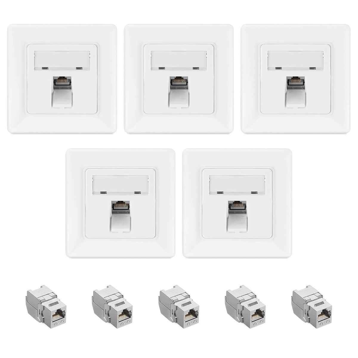 kwmobile Keystone Dose Modul Set - 5x Keystone Modul 5x Netzwerkdose 1-Port CAT 6A Kabel - 10Gibt/s geschirmt Metall Gehäuse RJ45 Schnappverschluss Silber  [dsg01]