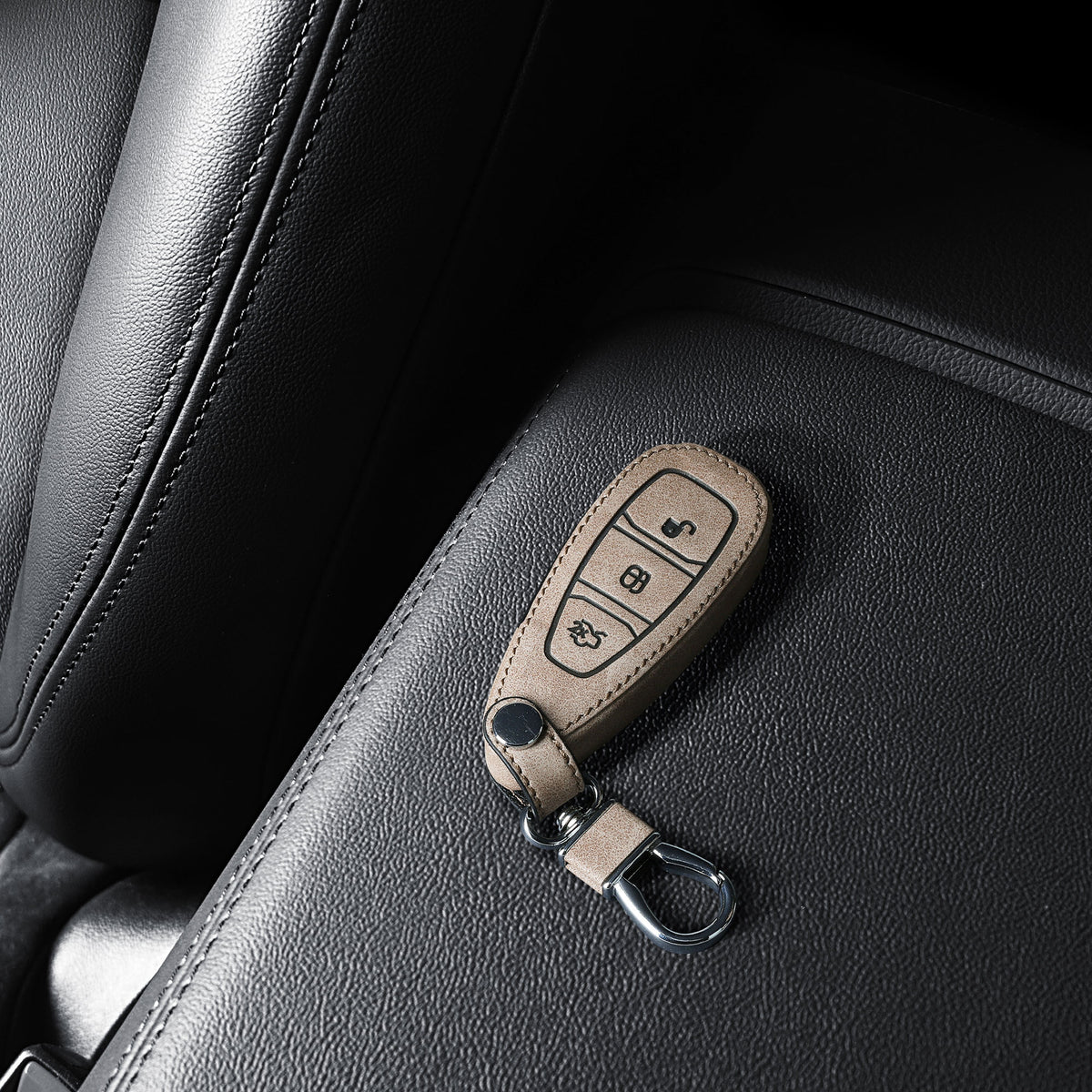 Ford 3-Tasten Autoschlüssel Keyless Go Kunstleder Schlüsselhülle Kompass Wildleder Beige