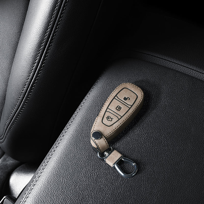 Ford 3-Tasten Autoschlüssel Keyless Go Kunstleder Schlüsselhülle Kompass Wildleder Beige
