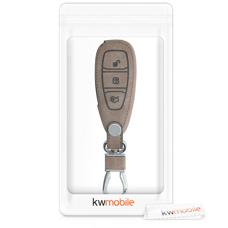 Ford 3-Tasten Autoschlüssel Keyless Go Kunstleder Schlüsselhülle Kompass Wildleder Beige