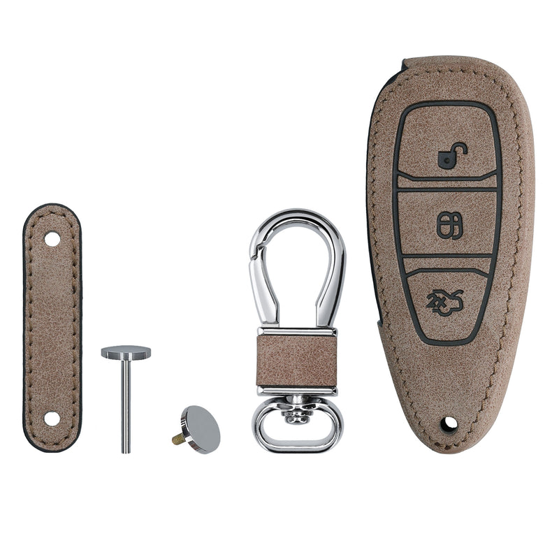 Ford 3-Tasten Autoschlüssel Keyless Go Kunstleder Schlüsselhülle Kompass Wildleder Beige