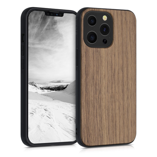 kwmobile Handyhülle für Apple iPhone 13 Pro Hülle Holz - Case mit TPU Bumper - Stoßfestes Hardcase - Schutzhülle Cover in Dunkelbraun Dunkelbraun  