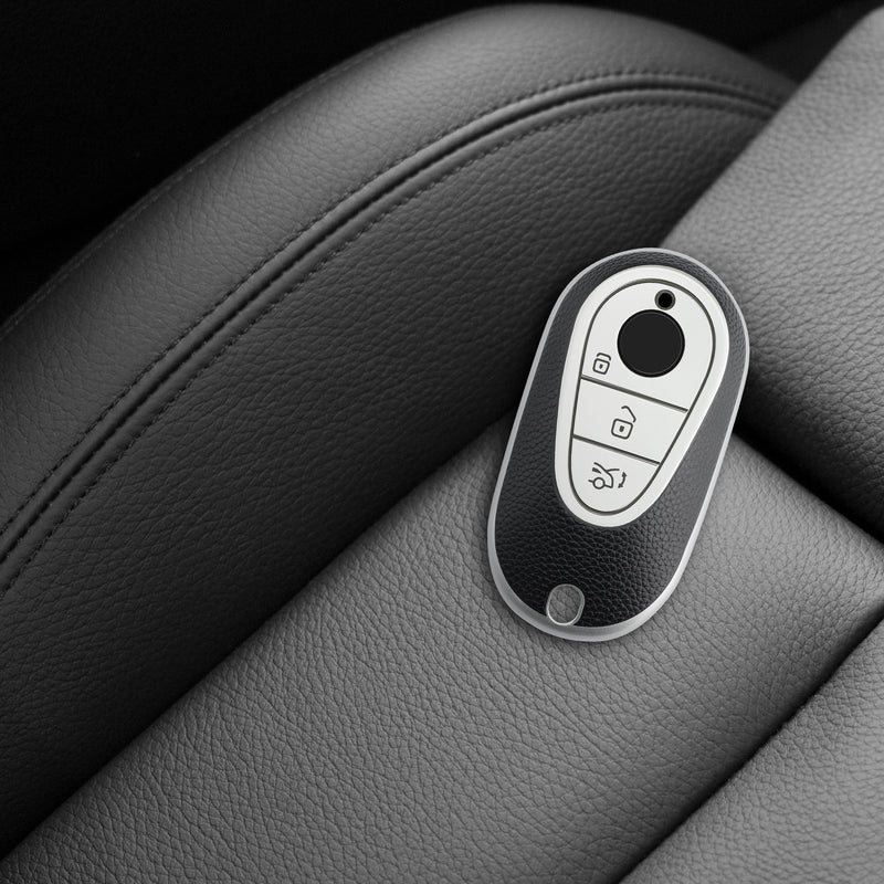 Mercedes Benz 3-Tasten Smart Autoschlüssel TPU Schlüsselhülle Lederoptik Schwarz Silber