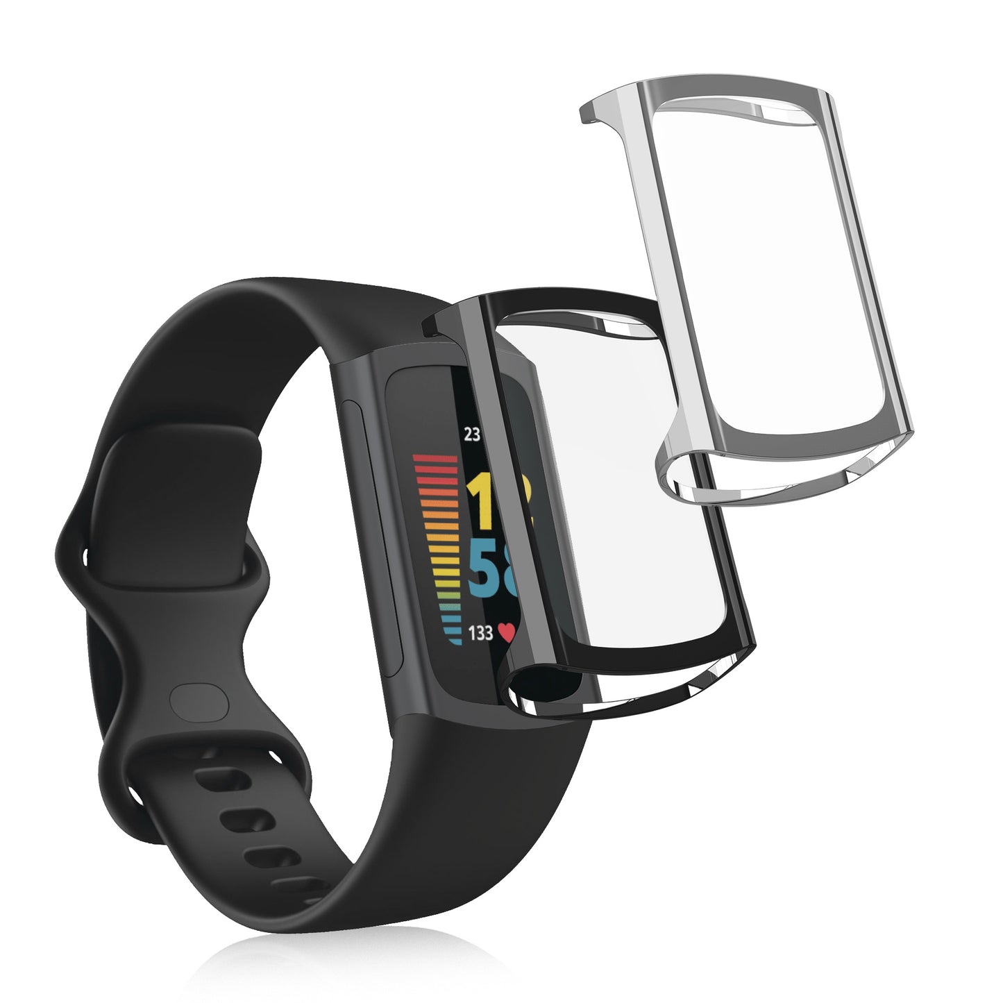 kwmobile 2x Silikon Hülle für Fitbit Charge 6 / Charge 5 Schutzhülle - Fullbody Display Cover Set aus Silikon - Schwarz Silber Schwarz  [dsg05]