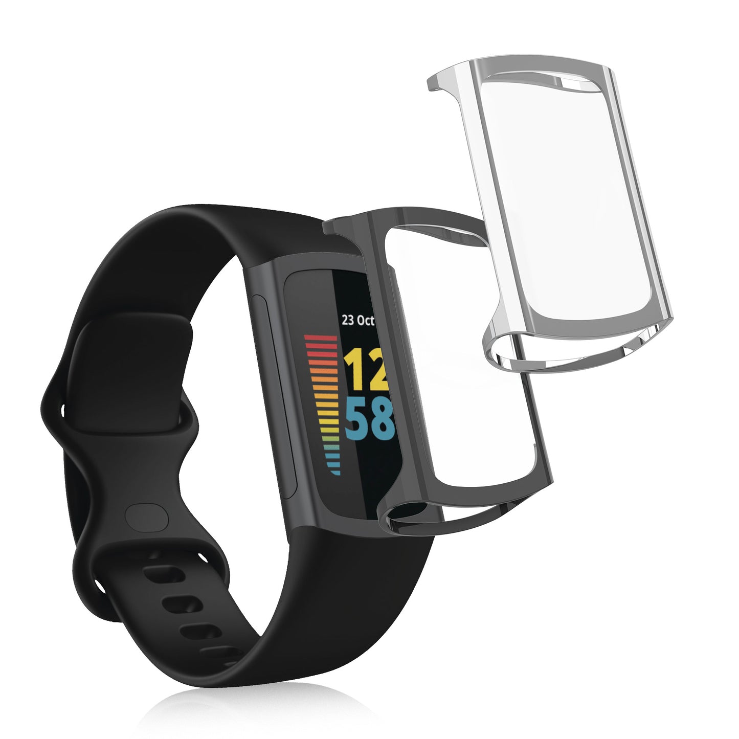 kwmobile 2x Silikon Hülle für Fitbit Charge 6 / Charge 5 Schutzhülle - Fullbody Display Cover Set aus Silikon - Silber Dunkelgrau Silber  [dsg07]