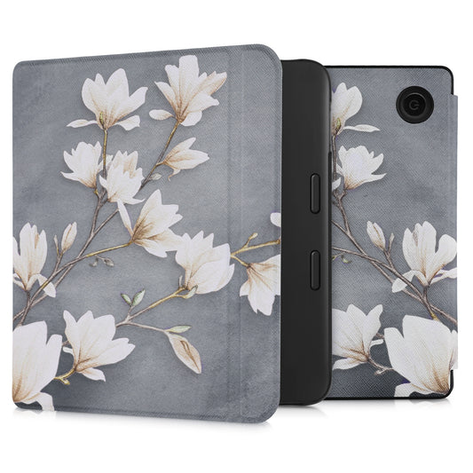 kwmobile Schutzhülle für Tolino Vision 6 Hülle - eReader Flip Case mit Auto Sleep Funktion - Magnolien mit Taupe Weiß Blaugrau Taupe  [dsg04]