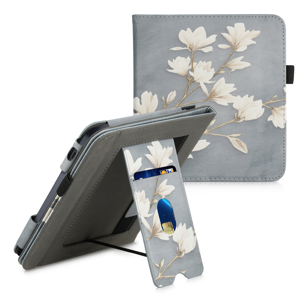 Kobo Libra 2 mit Handschlaufe Flip Case Magnolien Grau