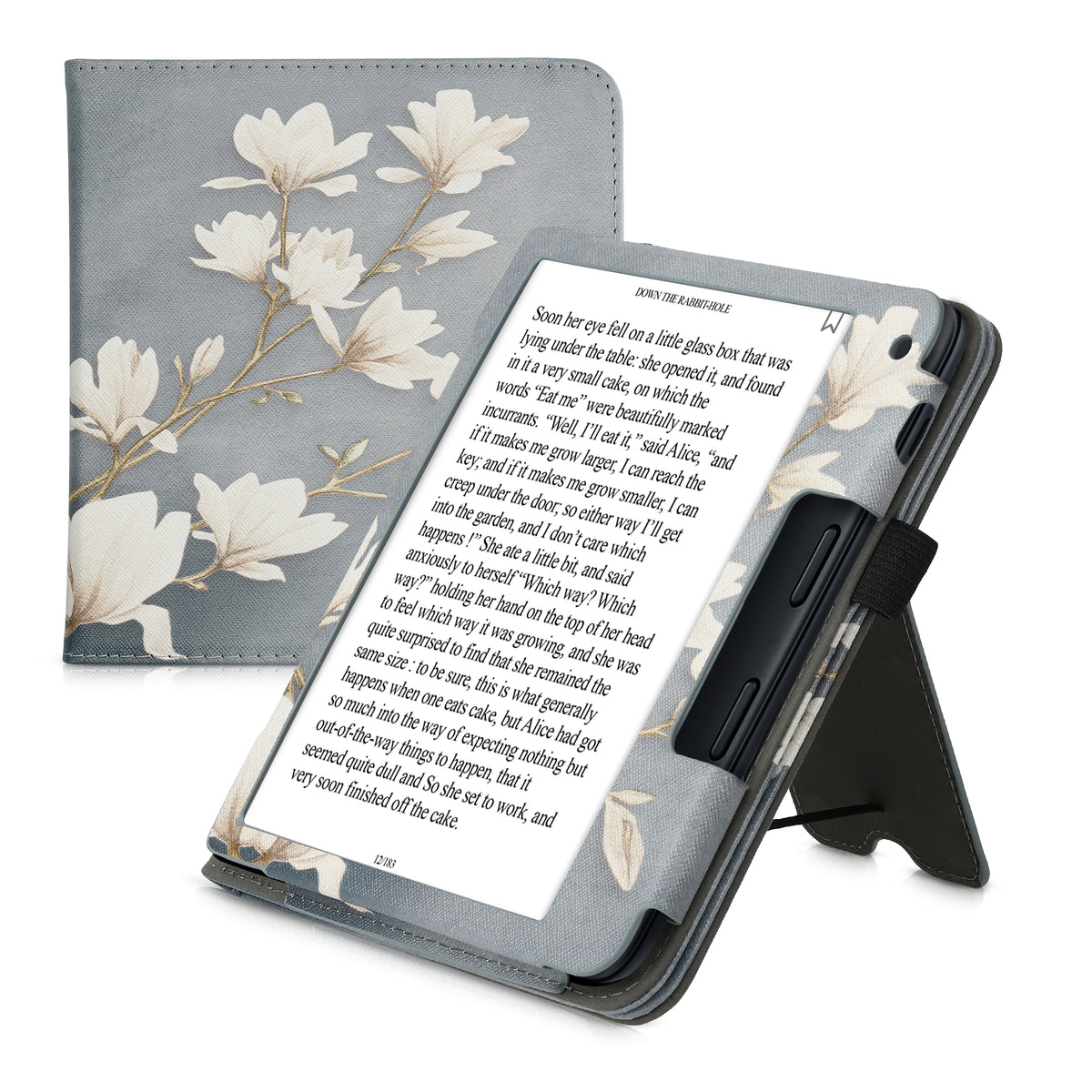 Kobo Libra 2 mit Handschlaufe Flip Case Magnolien Grau