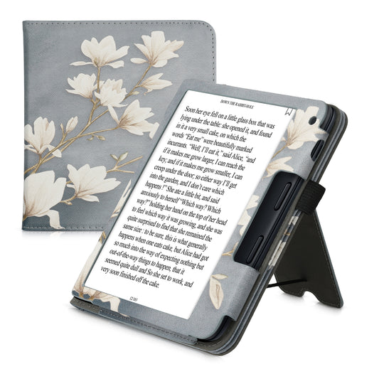 Kobo Libra 2 mit Handschlaufe Flip Case Magnolien Grau
