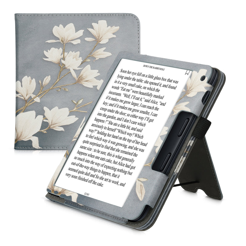 Kobo Libra 2 mit Handschlaufe Flip Case Magnolien Grau
