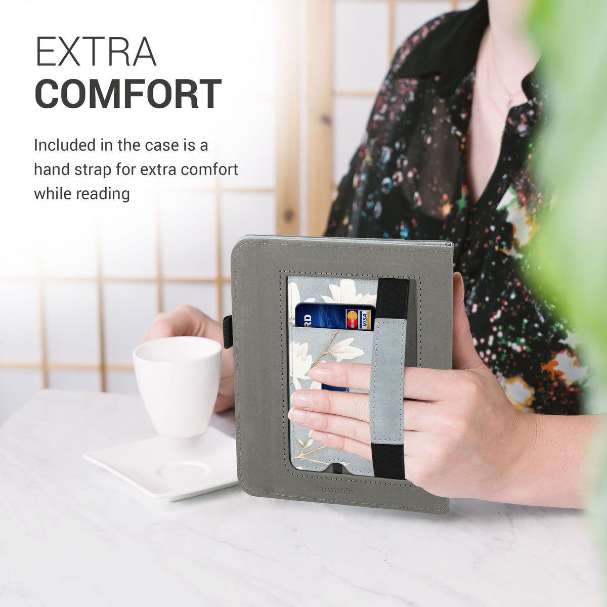 Kobo Libra 2 mit Handschlaufe Flip Case Magnolien Grau