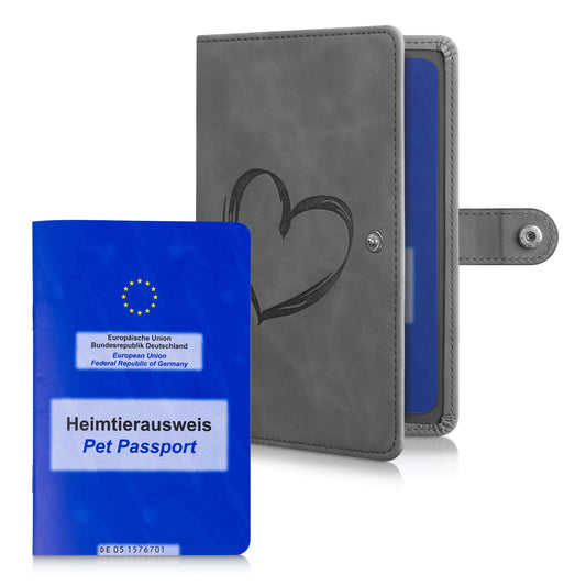 kwmobile Impfpass Hülle für Tiere - Schutzhülle für EU Heimtierausweis - Haustier Impfausweis Cover Kunstleder - Herz Brush Grau  [dsg01]