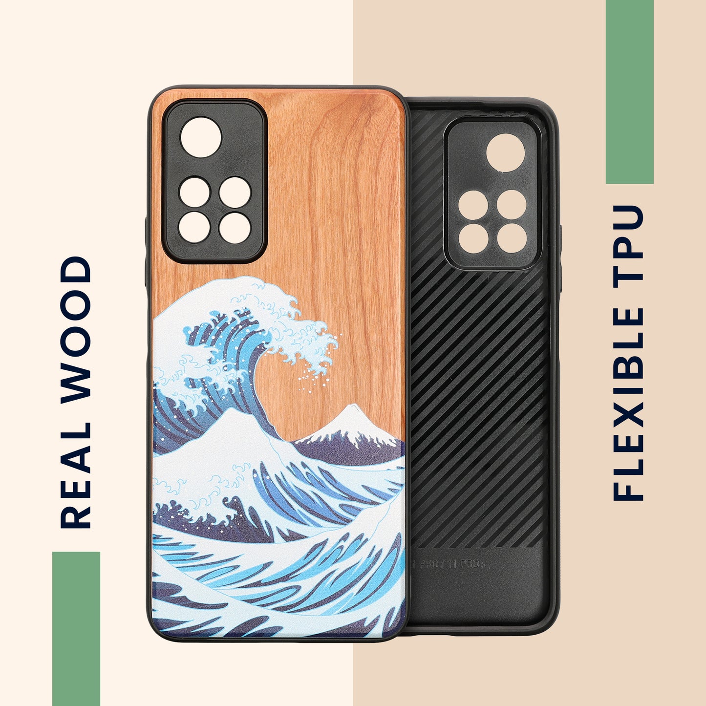 Holz Hardcase mit TPU Bumper für Xiaomi Redmi Note 11 Pro+ 5G / Note 11 Pro Plus 5G Holz Japanische Welle