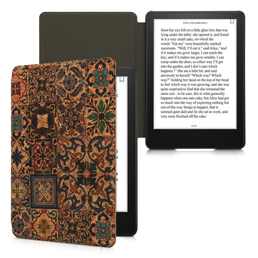 kwmobile Hülle kompatibel mit Amazon Kindle Paperwhite 11. Generation 2021 - Kork eReader Schutzhülle Cover Case - Fliesenmuster Braun Blau Rot Braun  [dsg08]