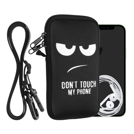 kwmobile Handytasche für Smartphones L - 6,5" - Neopren Handy Hülle Weiß Schwarz - Handy Tasche mit Kette 16,5 x 8,9 cm Innenmaße - Don't touch my Phone Weiß L [dsg01]