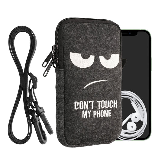 kwmobile Handytasche für Smartphones L - 6,5" - Filz Handy Hülle Weiß Dunkelgrau - Handy Tasche mit Kette 16,5 x 8,9 cm Innenmaße - Don't touch my Phone Weiß L [dsg01]