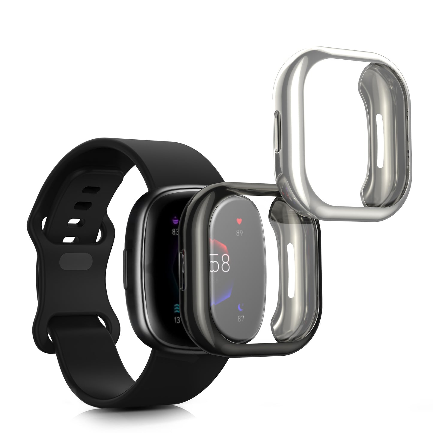 kwmobile 2x Silikon Hülle für Fitbit Versa 4 / Sense 2 Schutzhülle - Fullbody Display Cover Set aus Silikon - Schwarz Silber Schwarz  [dsg04]