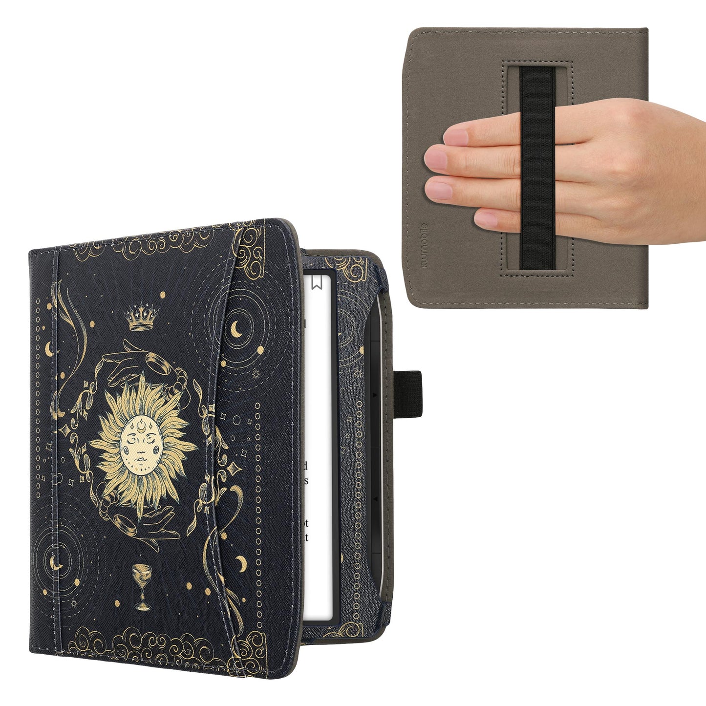 kwmobile Flip Hülle kompatibel mit Pocketbook Era / Era Color - Vorderfach Handschlaufe - Tarot Karten Dunkelblau Gelb Schwarz Dunkelblau  [dsg04]