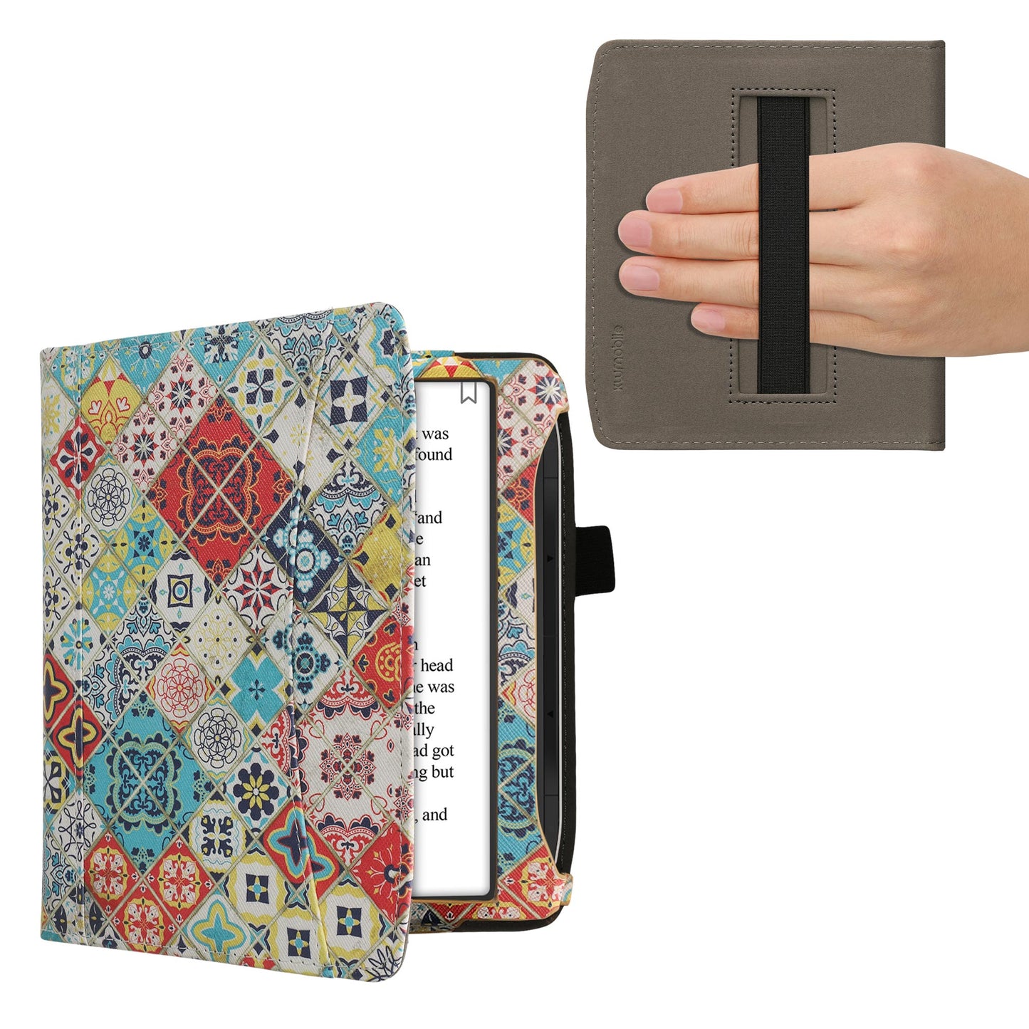 kwmobile Flip Hülle kompatibel mit Pocketbook Era / Era Color - Vorderfach Handschlaufe - Holz Marokkanische Fliesen Mehrfarbig Braun Mehrfarbig  [dsg10]