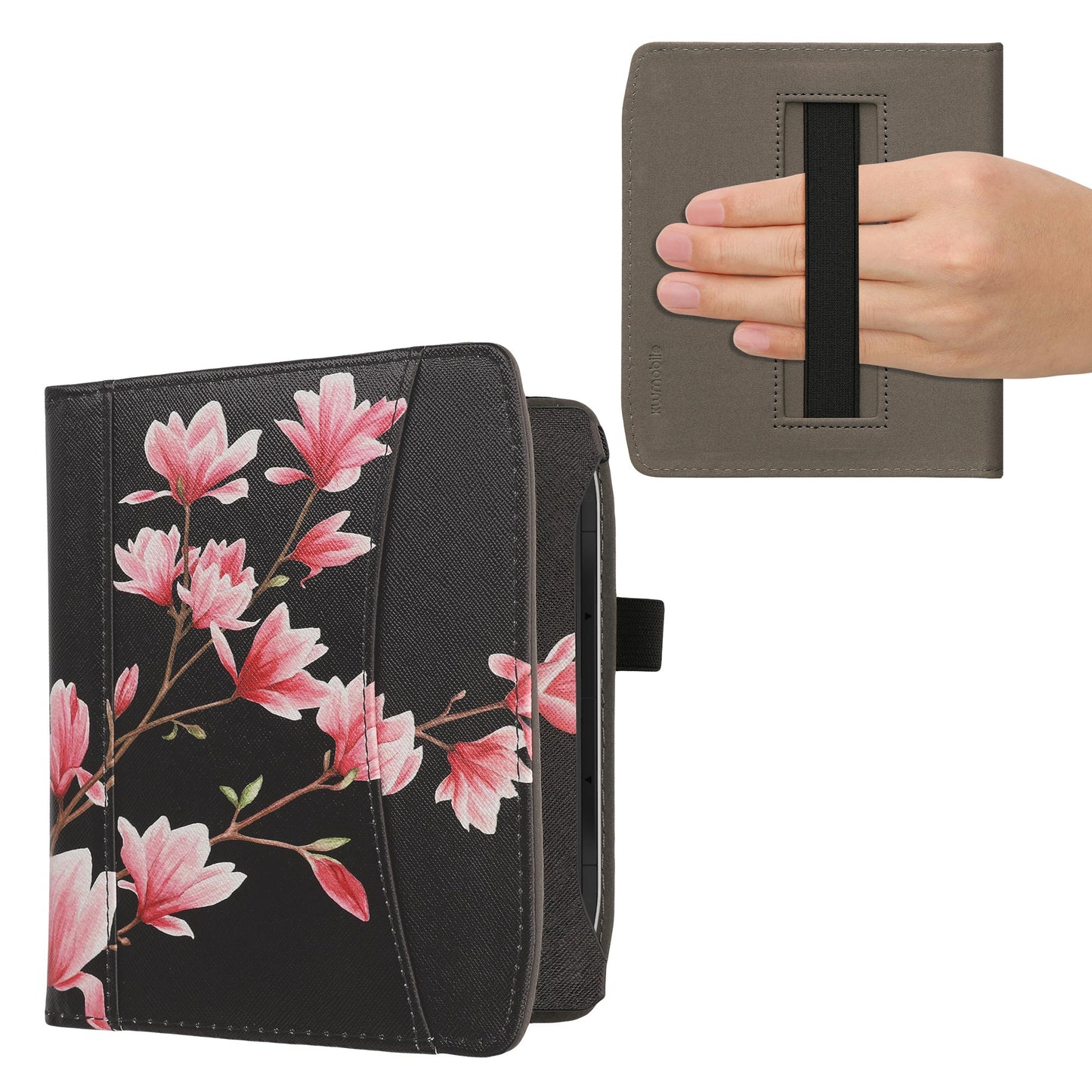 kwmobile Flip Hülle kompatibel mit Pocketbook Era / Era Color - Vorderfach Handschlaufe - Magnolien Rosa Weiß Schwarz Rosa  [dsg14]