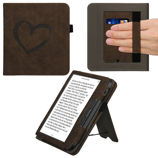 kwmobile Flip Hülle kompatibel mit Tolino Vision 6 - Cover Handschlaufe - Herz Brush Dunkelbraun Dunkelbraun  [dsg02]