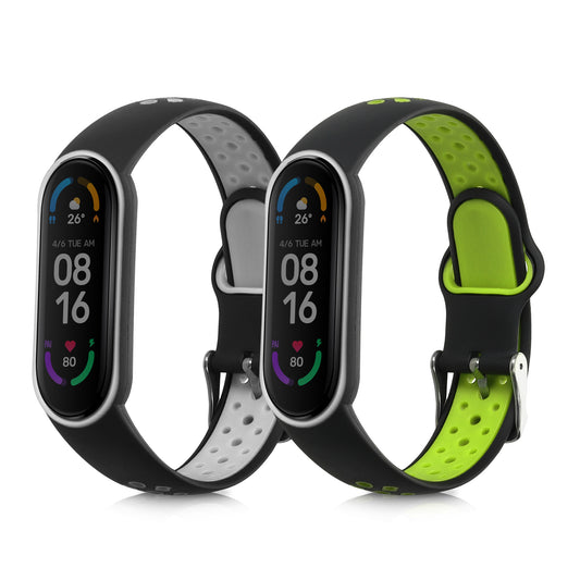 kwmobile 2x Uhrenarmband für Xiaomi Mi Smart Band 6 / Mi Band 6 / Band 5 Armband - Fitnesstracker Band Set aus TPU Silikon - Ersatzarmband Smartwatch - Schwarz Grau Schwarz Grün Schwarz  [dsg02]