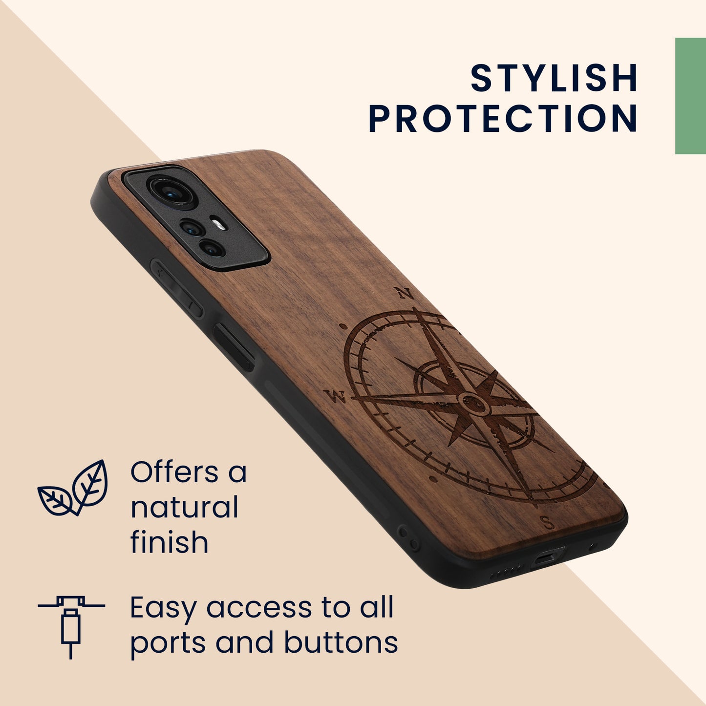Holz Hardcase mit TPU Bumper für Xiaomi Redmi Note 12S Kompass Vintage